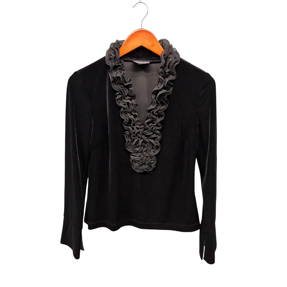Adrianna Papell Evening Essentials Top Women's S Black Velvet Ruffle V Neck Long